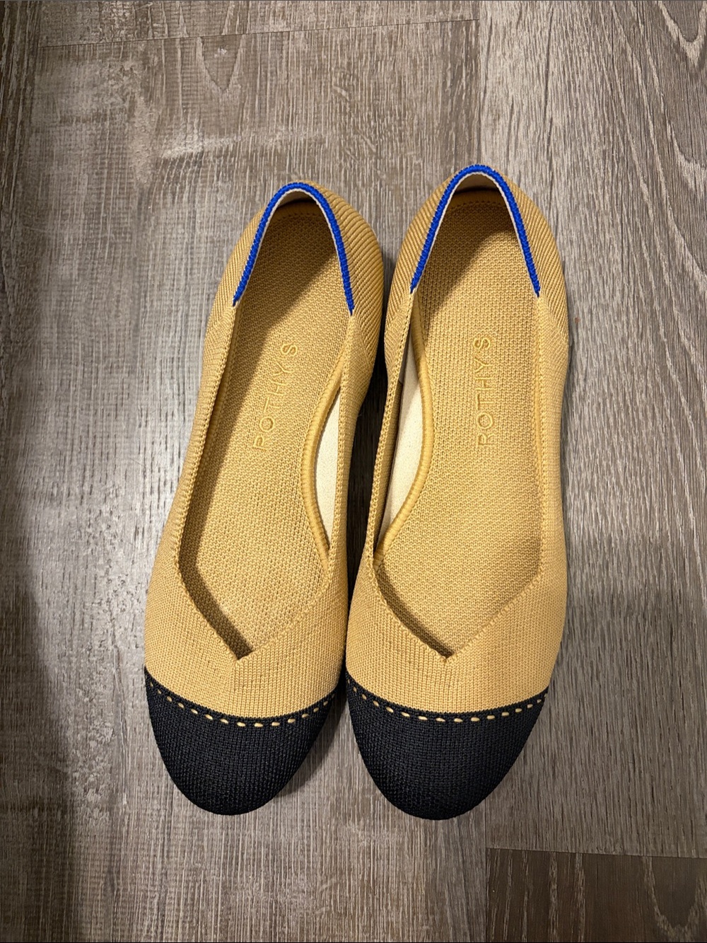 Rothy's Yellow Knit Ballet Flat with Black Cap Toe and Blue Trim